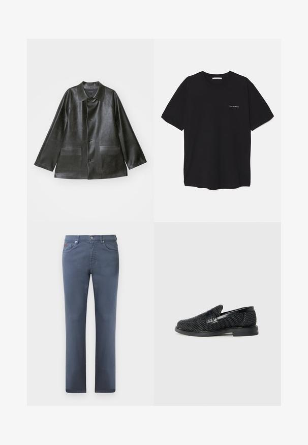 Emporio Armani CABAN - Faux leather jacket - lavagna; Black cotton T-shirt with a crew neck, short sleeves, and a white logo print on the left chest. Simple, solid color design.; Gray denim jeans with a straight cut, five pockets, and a metal button closure. Features subtle stitching and a small logo detail.; Black woven slip-on shoe with a smooth leather accent on the upper, a round toe design, and a low-profile rubber sole.