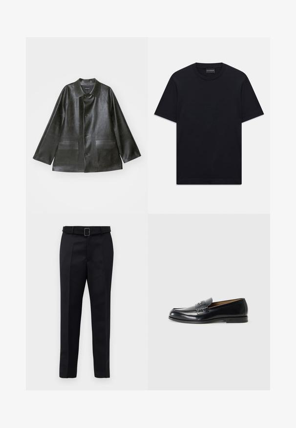 Emporio Armani CABAN - Mākslīgās ādas jaka - lavagna; Melnas īsām piedurknēm T-krekls ar apaļu kakla izgriezumu, ar smalku iepresētu logotipa dizainu krūšu centrā un zīmola etiķeti apakšā kaklā.; Melni piegriezti bikses ar gludu audumu, taisnu piegriezumu un jostu ar taisnleņķa sprādzi. Pamanāmie priekšējie iegriezumi uzlabo dizainu.; Melnas ādas loafers ar gludu apdari, noapaļotu purngalu, dekoratīvo šuvi un mazu metāla akcentu priekšā.