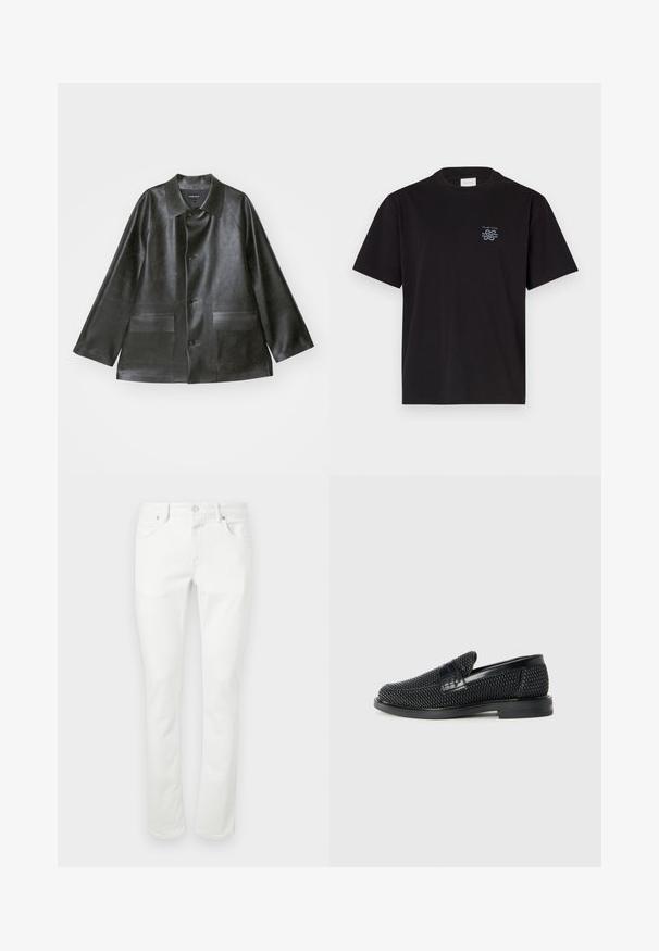 Emporio Armani CABAN - Bunda z nepravej kože - lavagna; Čierne bavlnené tričko s okrúhlym výstrihom a krátkymi rukávmi. Obsahuje malú modrú nášivku na ľavej hrudi. Jednoduchý, rovný strih.; Biele džínsy z denimu so strihom rovného strihu, dizajnom s piatimi vreckami a kovovým zapínaním. Hladká textura a minimálne detaily šitia.; Čierne tkané slip-on topánky s hladkým koženým akcentom na vrchnej časti, s okrúlym dizajnom špičky a nízkoprofilovou gumovou podrážkou.