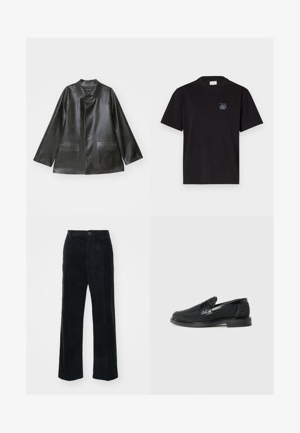 Emporio Armani CABAN - Bunda z nepravej kože - lavagna; Čierne bavlnené tričko s okrúhlym výstrihom a krátkymi rukávmi. Obsahuje malú modrú nášivku na ľavej hrudi. Jednoduchý, rovný strih.; Čierne kordové nohavice so strihaním rovného strihu, s vertikálnymi pruhmi, predným zapínaním na gombík a pútkami na opasok.; Čierne tkané slip-on topánky s hladkým koženým akcentom na vrchnej časti, s okrúlym dizajnom špičky a nízkoprofilovou gumovou podrážkou.