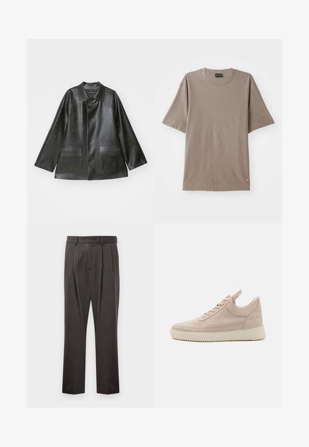 Emporio Armani CABAN - Műbőr dzseki - lavagna; Barna, rövid ujjú póló, kerek nyakkivágással, finom textúrázott mintával és egy kis logó címkével a bal alsó oldalon.; Sötét szürke nadrág, textúrált anyagból készült, sima elejű, redőzött, egyenes lábakkal és övhurkokkal. Nincs látható fémalkatrész vagy minta.; Beige velúr sneaker, lekerekített orral, fehér talppal és sima fűzőkkel. Hátsó kihúzófüllel és texturált oldalsó panelekkel rendelkezik.