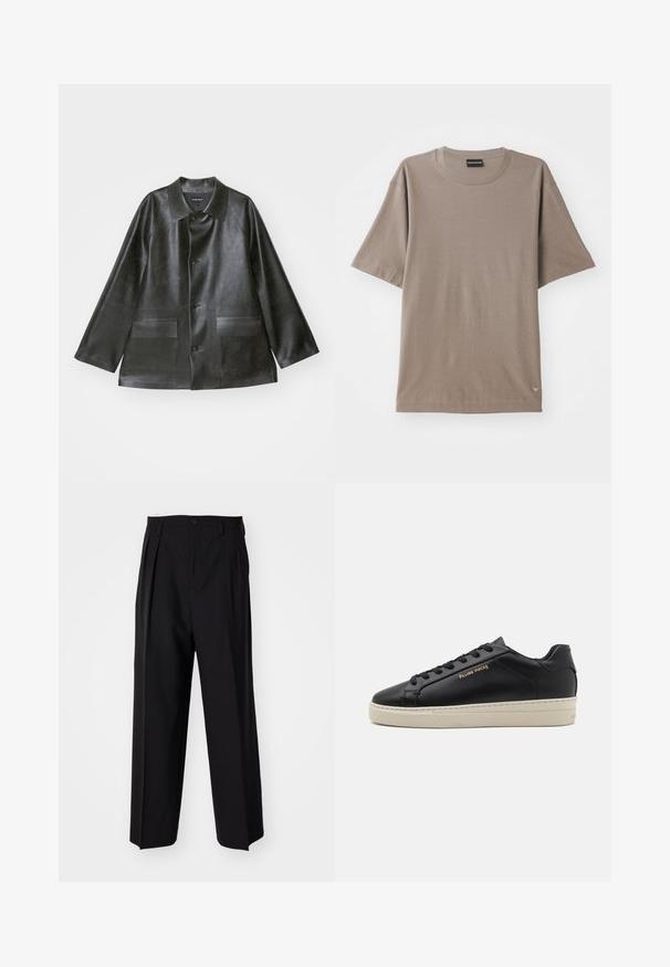 Emporio Armani CABAN - Jachetă din imitație de piele - lavagna; Tricou scurt cu mânecă închisă, de culoare brown, cu un design clasic cu guler rotund, având un model texturat subtil și un mic etichetă logo în partea stângă jos.; Pantaloni negri plisat cu un design drept și pantaloni largi. Construiți dintr-un material neted, prevăzuți cu închidere cu nasture și bucle pentru curea.; Adidași negri din piele cu un finisaj neted, talpă crem contrastantă, vârf rotund, logo auriu pe lateral și șase orificii pentru șireturi.