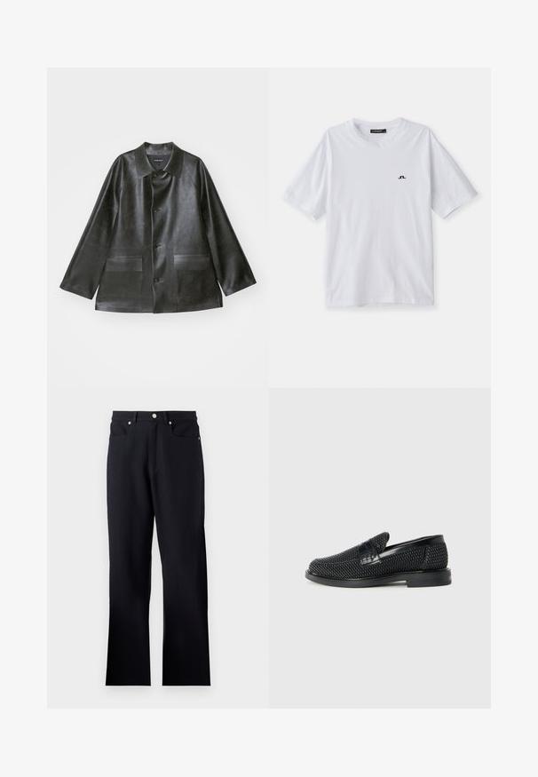 Emporio Armani CABAN - Kunstnahast jakk - lavagna; Valge puuvillane t-särk ümara kaelusega ja lühikeste varrukatega, millel on rindkere kohal väike must logo. Sile tekstuur ja mugav lõige.; Musta tekstuuriga kangast pükste särk, millel on sobiv talje, kaks esi-taskut ja sirge jalgade lõige. Kaasa arvatud hõbedased detailid.; Must musta kootud slip-on king, millel on pehme nahast accent ülaserval, ümmargune varvas ja madal profiiliga kummitald.