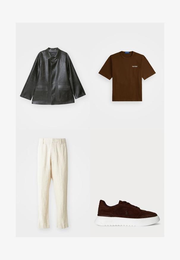 Emporio Armani CABAN - Faux leather jacket - lavagna; Brown short-sleeve T-shirt with white "Polo Sport Ralph Lauren" logo on left chest and a blue label inside the collar.; Beige linen trousers with a loose fit, tapered legs, and a flat front. Features an elastic waistband for comfort and minimal seam detailing.; Dark brown suede sneaker with white thick sole, lace-up closure, and subtle Polo logo on side, viewed from the outer side.