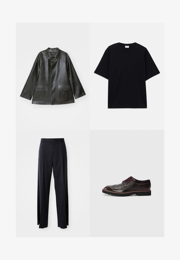 Emporio Armani CABAN - Jachetă din imitație de piele - lavagna; Tricou oversized cu mânecă scurtă, de culoare neagră, cu decolteu rotund și etichetă Filippa K vizibilă în interiorul gulerului.; Pantaloni negri, cu talie înaltă și croi evazat, dintr-un material fin. Prezintă pliseuri frontale și buzunare cu curea. Design minimalist, fără accesorii vizibile.; Brogues din piele maro cu detalii perforate, vârf rotund, accente textile și o talpă din cauciuc negru cu margine colorată.