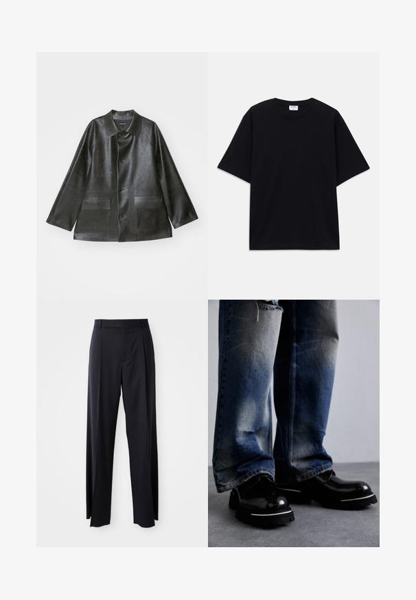 Emporio Armani CABAN - Bunda z nepravej kože - lavagna; Čierne nadrozmerné tričko s krátkym rukávom a okrúhlym výstrihom, s viditeľnou značkovou etikou Filippa K vo vnútri goliera.; Čierne, vysoké nohavice so širokým strihom, vyrobené z hladkej látky. Obsahujú predné skladby a pútka na opasok. Minimalistický dizajn, bez viditeľnej kovania.; Čierne kožené topánky s lesklým povrchom, s hrubou podrážkou a bielym pruhom. Nosené s opotrebovanými modrými džínsovými nohavicami, ktoré vykazujú jemné vyblednutie.