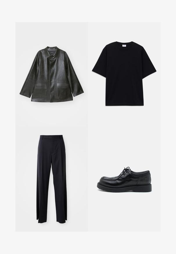 Emporio Armani CABAN - Giacca in similpelle - lavagna; T-shirt oversize nera a maniche corte con scollatura rotonda e etichetta del marchio Filippa K visibile all'interno del colletto.; Pantaloni neri a vita alta con gamba larga, realizzati in tessuto liscio. Presentano pieghe frontali e passanti per cintura. Design minimalista, senza hardware visibile.; Scarpe in pelle nera con punta rotonda e suola in gomma spessa. Presentano un collare intrecciato e una cucitura curva lungo la parte superiore.