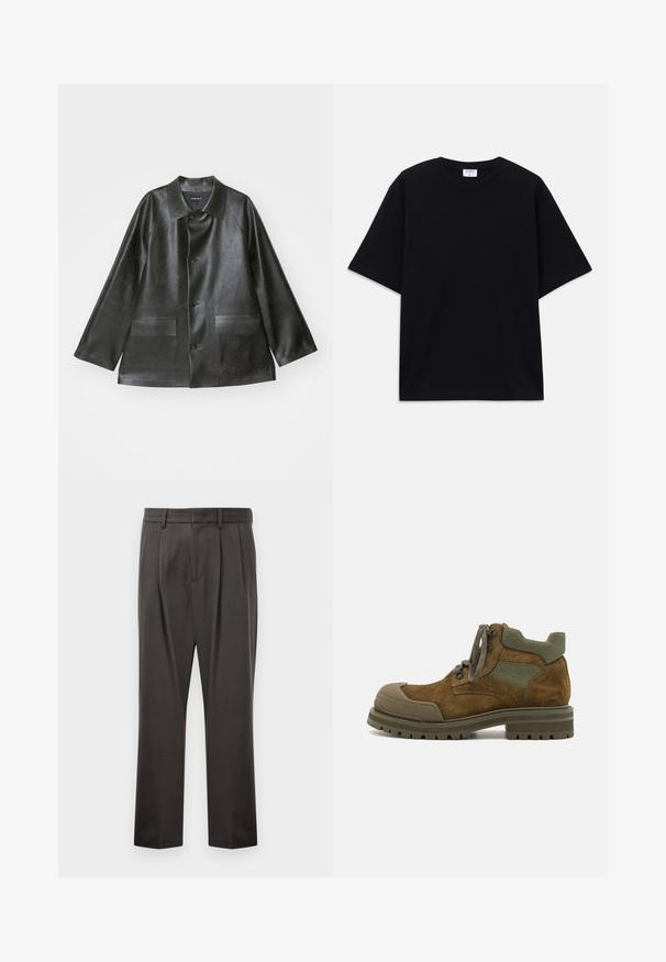 Emporio Armani CABAN - Kunstnahast jakk - lavagna; Must t-särk, lühikeste varrukatega, üle mõõdu, ümmarguse kaelusega ja nähtava Filippa K brändi sildiga kaelas.; Tumedashallased püksid, mis on valmistatud tekstuuriga kangast, lame esiosa, voldid, sirged jalad ja vöökohastab. Pole nähtavat riistvara ega mustreid.; Pruunid nahast ankle saapad roheliste kanga aktsentidega, kummist varvasetootja, ümmargune varvas ja robustne profiiliga tallad. Paeltega disain metallist silmadega.