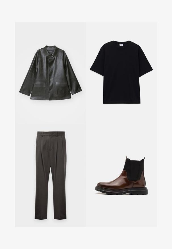 Emporio Armani CABAN - Kunstlederjacke - lavagna; Schwarzes, oversized T-Shirt mit kurzen Ärmeln und rundem Ausschnitt, mit sichtbarem Filippa K Markenlabel im Kragen.; Dunkelgraue Hose aus strukturiertem Stoff, mit flachem Bund, Falten, geraden Beinen und Gürtelschlaufen. Keine sichtbaren Beschläge oder Muster.; Braune Leder Chelsea-Stiefel mit schwarzen elastischen Seiteneinsätzen, runder Zehenkappe und schwarzer Gummisohle mit strukturiertem Profil.