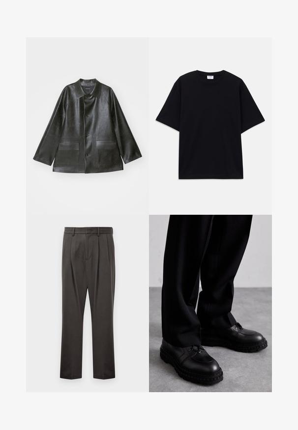 Emporio Armani CABAN - Bunda z umělé kůže - lavagna; Černé oversized tričko s krátkým rukávem, kulatým výstřihem a viditelnou značkou Filippa K uvnitř límce.; Tmavě šedé kalhoty z texturované látky, s plochým předním dílem, sklady, rovnými nohavicemi a poutky na pásek. Bez viditelného kovového spojení nebo vzorů.; Černé kožené boty s kulatou špičkou, texturovaným svrškem, šněrovacím designem a silnou gumovou podrážkou s dezénem. Nosené s černými kalhotami.