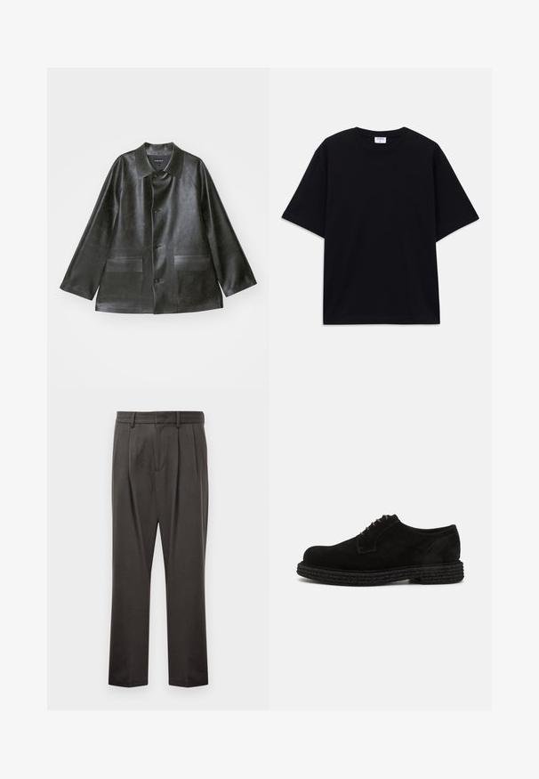 Emporio Armani CABAN - Chaqueta de cuero sintético - lavagna; Camiseta oversized de manga corta en negro con escote redondo y etiqueta de la marca Filippa K visible en el interior del cuello.; Pantalones de color gris oscuro fabricados en un tejido texturizado, con un frente plano, pinzas, piernas rectas y trabillas para cinturón. Sin hardware visible ni patrones.; The Antipode DERBY - Zapatos de vestir - black