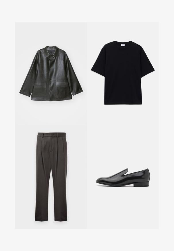 Emporio Armani CABAN - Kunstlederjacke - lavagna; Schwarzes, oversized T-Shirt mit kurzen Ärmeln und rundem Ausschnitt, mit sichtbarem Filippa K Markenlabel im Kragen.; Dunkelgraue Hose aus strukturiertem Stoff, mit flachem Bund, Falten, geraden Beinen und Gürtelschlaufen. Keine sichtbaren Beschläge oder Muster.; Schwarzer Lackleder-Slipper mit runder Zehenpartie, minimalen Stickdetails und niedrigem Blockabsatz. Glatte Textur, elegantes Design.