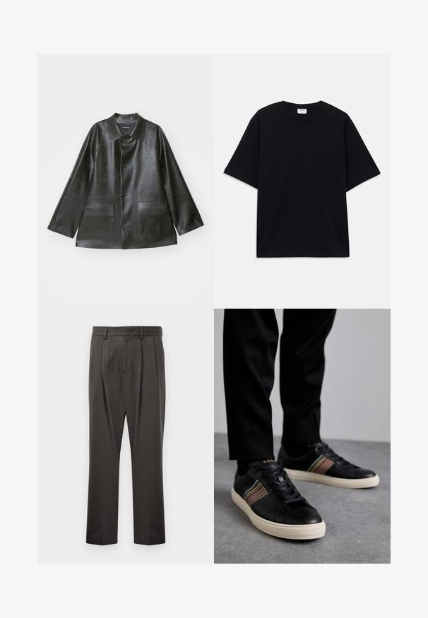 Emporio Armani CABAN - Imiteret læderjakke - lavagna; Sort oversized T-shirt med korte ærmer og rund halsudskæring, med synlig Filippa K mærke indeni kraven.; Mørkegrå bukser lavet af struktureret stof, med flad front, plisseringer, lige ben og bæltestropper. Ingen synlig hardware eller mønstre.; Sorte lædersneakers med flerfarvede stribede accenter, rund tå og hvide gummisåler, med snørebånd og prægede branding.