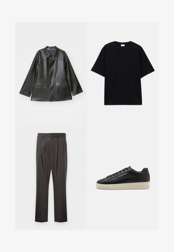 Emporio Armani CABAN - Bunda z umělé kůže - lavagna; Černé oversized tričko s krátkým rukávem, kulatým výstřihem a viditelnou značkou Filippa K uvnitř límce.; Tmavě šedé kalhoty z texturované látky, s plochým předním dílem, sklady, rovnými nohavicemi a poutky na pásek. Bez viditelného kovového spojení nebo vzorů.; Černé kožené tenisky s hladkým povrchem, kontrastní krémovou podrážkou, zaoblenou špičkou, zlatým logem na boku a šesti otvory pro tkaničky.