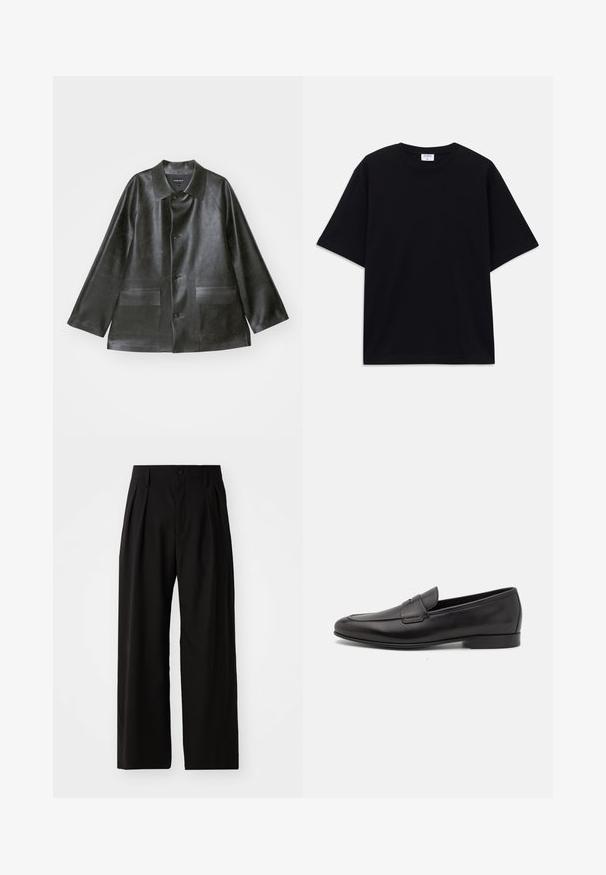 Emporio Armani CABAN - Faux leather jacket - lavagna; Black short-sleeve oversized T-shirt with round neckline and visible Filippa K brand label inside the collar.; Black wide-leg trousers with a smooth texture, featuring two front pleats, a button closure, and side pockets. Durable fabric.; Black leather men's loafer with a low heel and a classic penny strap design, shown in side profile on a white background.