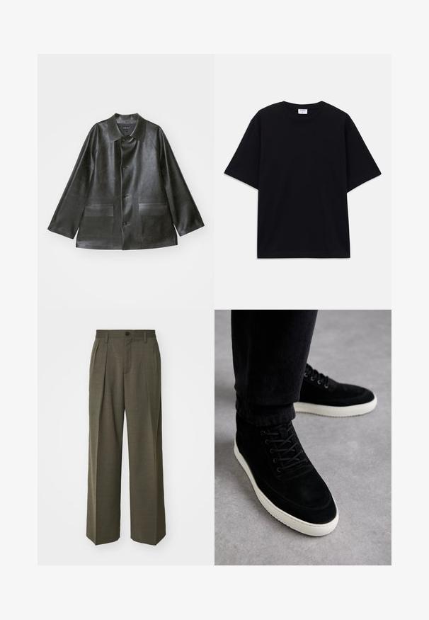 Emporio Armani CABAN - Keinonahkatakki - lavagna; Mustat lyhythihainen oversized T-paita, jossa on pyöreä kaula-aukko ja näkyvä Filippa K -tuotemerkki etiketti kauluksessa.; Filippa K WIDE TROUSERS - Housut - driftwood; Mustat mokkanahkakengät, joissa on valkoinen kumipohja, nauhakiinnitys ja ompeluyksityiskohtia, neutraalia taustaa vasten.
