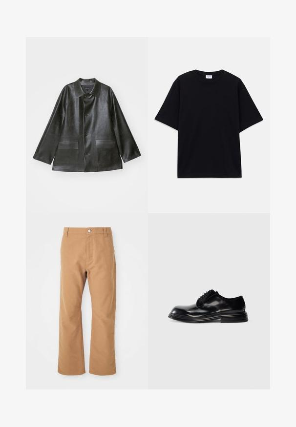 Emporio Armani CABAN - Kunstnahast jakk - lavagna; Must t-särk, lühikeste varrukatega, üle mõõdu, ümmarguse kaelusega ja nähtava Filippa K brändi sildiga kaelas.; Pruunid puuvillased püksid sirge sääre disainiga, millel on ühekordne nööp sulgemiseks ja peened õmblused lisadeatiliseks detailiks.; Mustad musta nahast dressijalanõud, ümmarguse varbaga, sileda viimistluse, paeltega kinnituse ja kihilise kontsaga. Minimalistlik stiil, ilma nähtavate logo'deta.