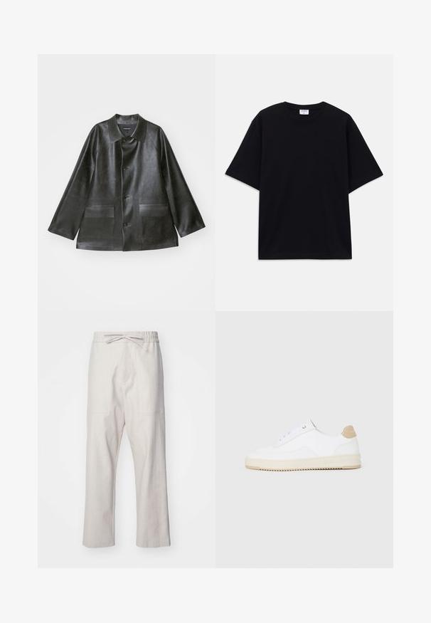 Emporio Armani CABAN - Bunda z umělé kůže - lavagna; Černé oversized tričko s krátkým rukávem, kulatým výstřihem a viditelnou značkou Filippa K uvnitř límce.; Lněné kalhoty v světle béžové barvě, s elastickým pasem na stažení a dvěma předními kapsami. Rovným střihem.; Bílé nízké tenisky s texturovaným koženým svrškem, krémovou rýhovanou podrážkou a hnědým akcentem na patě. Mají bílé šňůrky a detaily loga na patě.