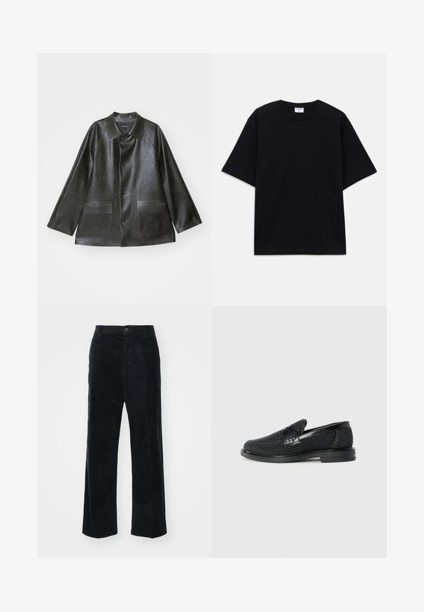 Emporio Armani CABAN - Jachetă din imitație de piele - lavagna; Tricou oversized cu mânecă scurtă, de culoare neagră, cu decolteu rotund și etichetă Filippa K vizibilă în interiorul gulerului.; Pantaloni din catifea neagră cu un design drept, având dungi verticale, închidere cu nasture în față și bucle pentru curea.; Pantofii negri din material textil, cu accent din piele netedă pe partea superioară, design cu vârf rotund și talpă din cauciuc de profil redus.