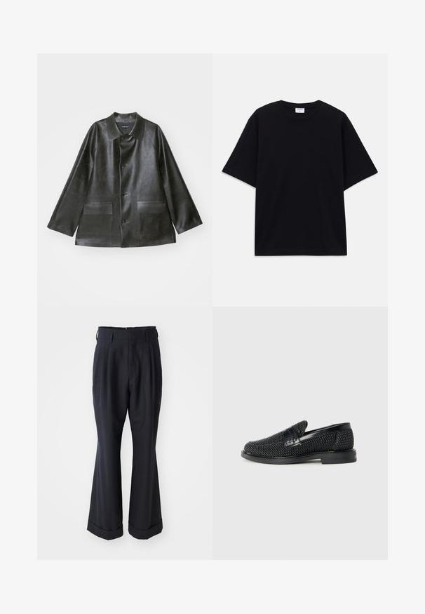 Emporio Armani CABAN - Műbőr dzseki - lavagna; Fekete, rövid ujjú, oversize póló kerek nyakkivágással és látható Filippa K márkacédulával a gallér belső részén.; Fekete, tailored (szabott) nadrág, laza szabással, pleátelt elejével és széles lábakkal. Jellemzője a felhajtott szegély és a sima szövettextúra.; Fekete szőtt slip-on cipő sima bőr díszítéssel a felsőrészen, kerek orral és alacsony profilos gumitalppal.