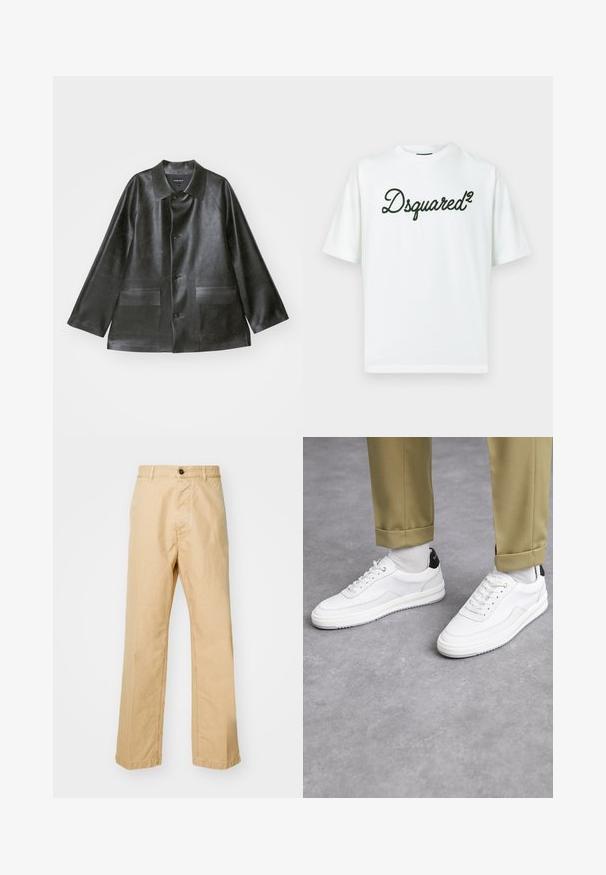 Emporio Armani CABAN - Bunda z umělé kůže - lavagna; Bílé bavlněné tričko s krátkými rukávy, na přední straně s černým vyšívaným logem "Dsquared²" v kurzívním písmu.; Khaki chinos se rovnými nohavicemi, vyrobené z bavlněné tkaniny, s předním zapínáním na knoflík a poutky na opasek. Hladká textura, bez vzoru.; Bílé tenisky s texturovaným koženým povrchem, zaoblenou špičkou a černým akcentem na patě. Gumová podrážka s malým vzorem a šitými detaily.
