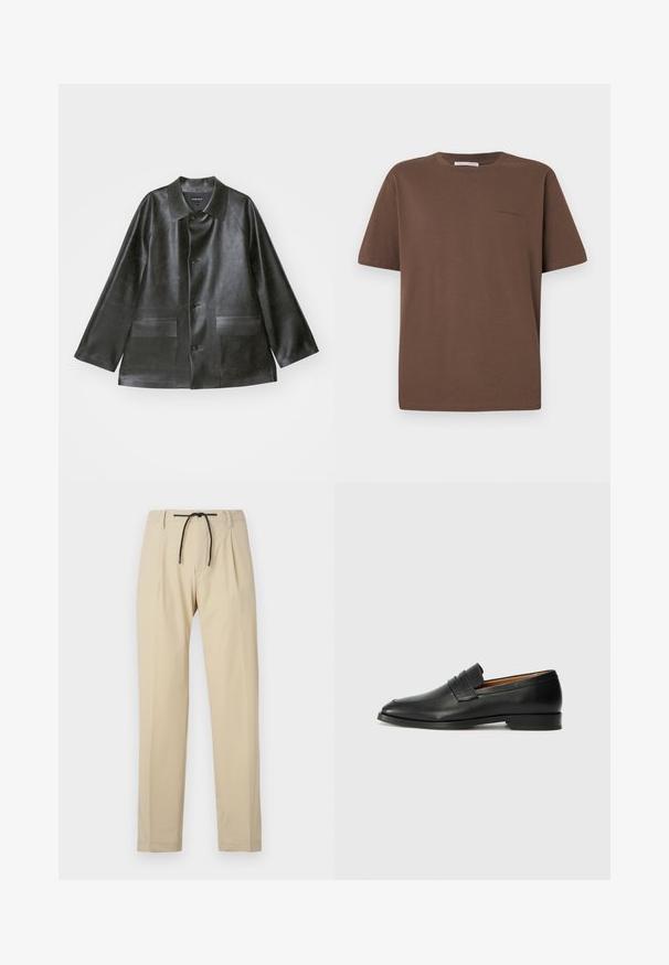 Emporio Armani CABAN - Faux leather jacket - lavagna; Brown cotton t-shirt with a round neckline, short sleeves, and a small logo printed on the front. Flat fabric texture, casual fit.; Beige trousers with a straight fit, featuring a drawstring waist, pleated front, and smooth texture. Simple, versatile design.; Black leather loafer with a rounded toe, subtle stitched detailing, and a low heel, featuring a smooth texture and minimalist design.
