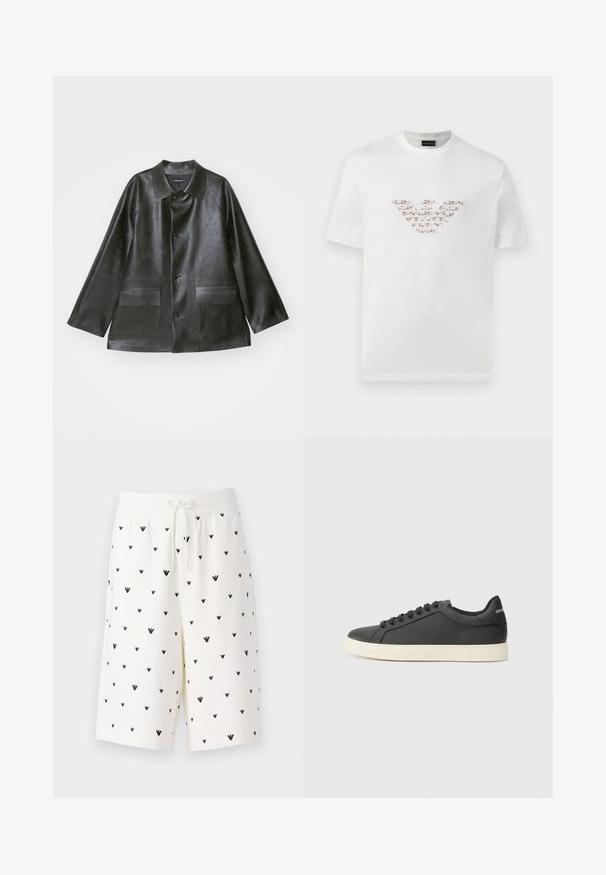 Emporio Armani CABAN - Jacka i konstläder - lavagna; Vit bomullströja med korta ärmar och rundad halsringning. Har en central logotypdesign i rosa och bruna nyanser.; Vita shorts i mjukt tyg med ett svart mönster av små, inverterade trikantformer. Försedda med elastisk midja med dragsko.; Svart lädersneaker med låg profil, rund tå och snörning; har en texturerad gummisula och logotypdetalj på hälen.