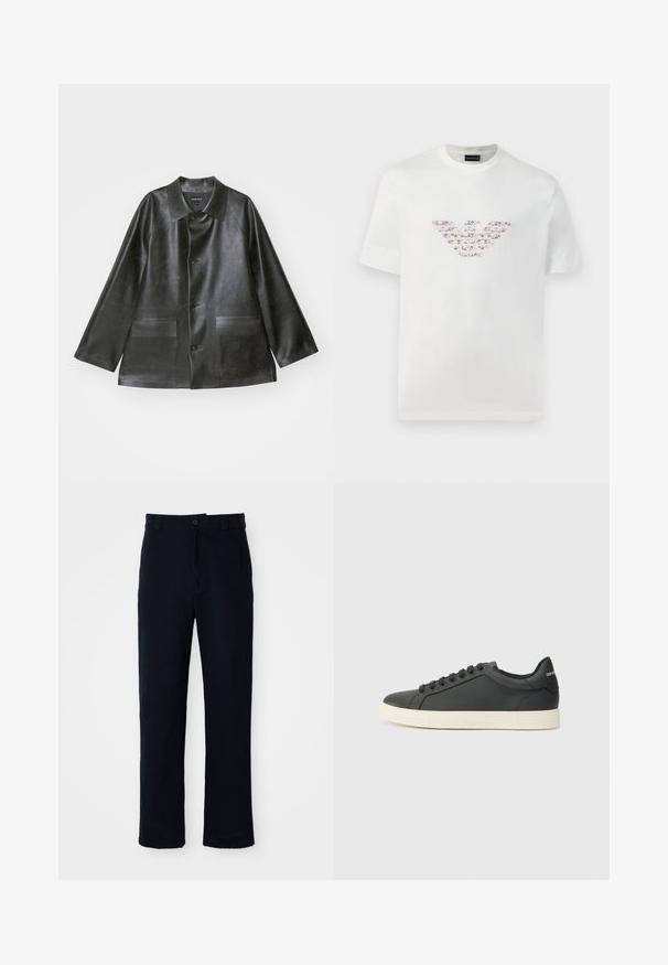 Emporio Armani CABAN - Faux leather jacket - lavagna; White cotton t-shirt with short sleeves and a crew neckline. Features a central logo design in pink and brown shades.; Navy blue trousers made of cotton, featuring a straight-leg design, a front button closure, and classic waistband with belt loops.; Black leather sneaker with a low profile, rounded toe, and lace-up closure; features a textured rubber sole and logo detail on the heel.