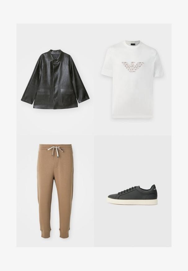 Emporio Armani CABAN - Faux leather jacket - lavagna; White cotton t-shirt with short sleeves and a crew neckline. Features a central logo design in pink and brown shades.; Light brown jogger pants with elastic waistband, white and brown drawstrings, side pockets, and cuffed ankles on white background.; Black leather sneaker with a low profile, rounded toe, and lace-up closure; features a textured rubber sole and logo detail on the heel.