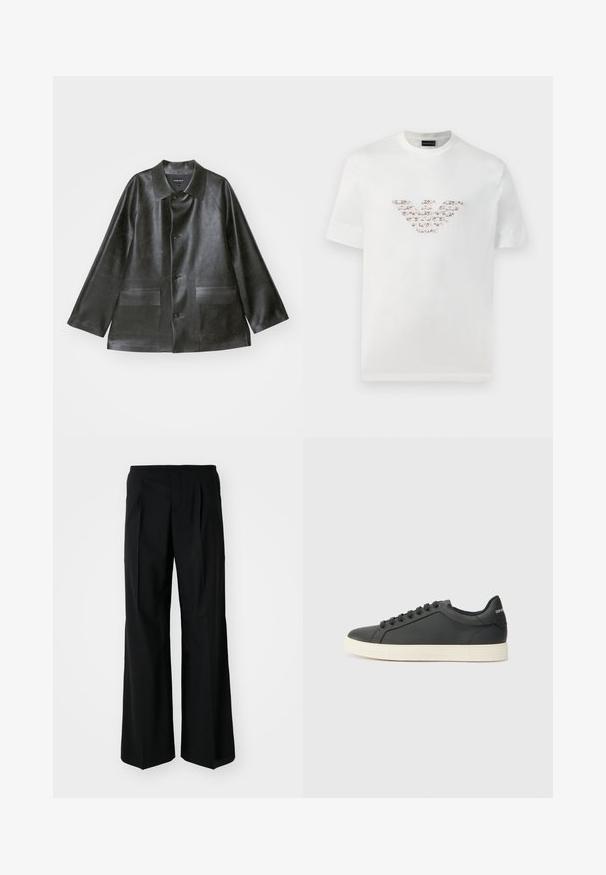 Emporio Armani CABAN - Faux leather jacket - lavagna; White cotton t-shirt with short sleeves and a crew neckline. Features a central logo design in pink and brown shades.; 032c OFFICE ATTIRE' WIDE LEG PANTS - Trousers - black; Black leather sneaker with a low profile, rounded toe, and lace-up closure; features a textured rubber sole and logo detail on the heel.