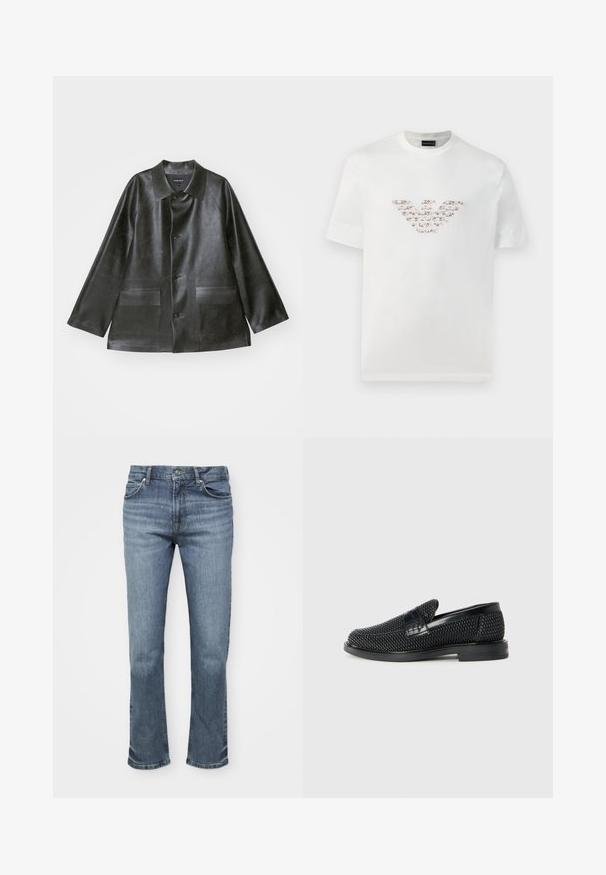 Emporio Armani CABAN - Jacka i konstläder - lavagna; Vit bomullströja med korta ärmar och rundad halsringning. Har en central logotypdesign i rosa och bruna nyanser.; Blå denimjeans har en rak ben-design, femfickorsmodell och en knäppning med kontrasterande sömmar.; Svart vävd slip-on sko med en slät läderdetalj på ovansidan, med rund tådesign och en låg gummisula.