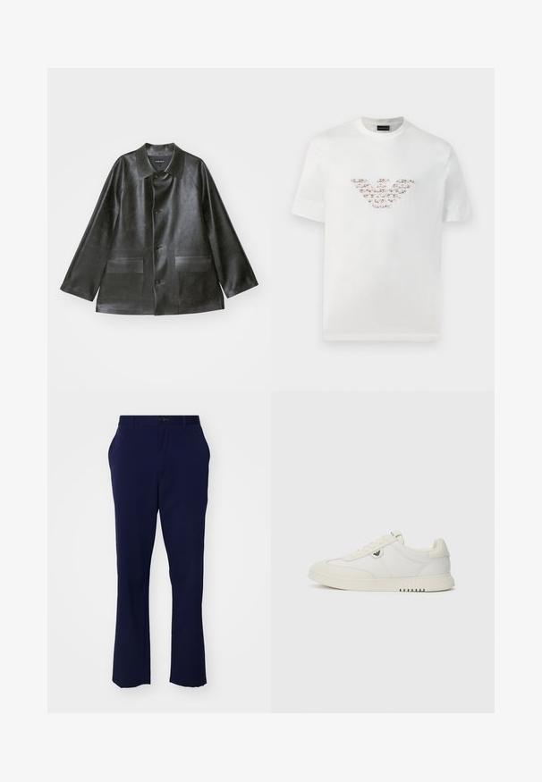 Emporio Armani CABAN - Bunda z nepravej kože - lavagna; Biely bavlnený tričko s krátkymi rukávmi a okrúhlym výstrihom. Obsahuje centrálne logo v ružových a hnedých odtieňoch.; Námořnicky modré nohavice s rovným strihom. Vyrobené z hladkej tkaniny, s gombíkovým zapínaním a dvoma bočnými vreckami.; Nízke biele tenisky s šnurovaním vpredu, hladkou podrážkou a malým kovovým logom na boku, zobrazené na jednofarebnom pozadí.