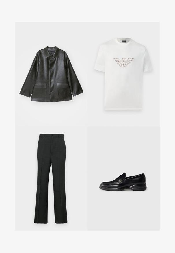 Emporio Armani CABAN - Imiteret læderjakke - lavagna; Hvid bomulds T-shirt med korte ærmer og rund halsudskæring. Har et centralt logo design i rosa og brune nuancer.; Mørkegrå skræddersyede bukser med lige snit, der har knaplukning, forlommer og en subtil tekstureret stof.; Sorte læder loafers med en lav, tekstureret gummisål og et syet design på overdelen. Har en rund tå og minimale udsmykninger.