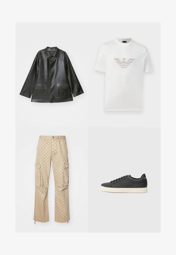 Emporio Armani CABAN - Mākslīgās ādas jaka - lavagna; Baltas kokvilnas T-krekls ar īsām piedurknēm un apaļu kakla izgriezumu. Iekļaujas centrāls logo dizains rozā un brūnos toņos.; Ksubi BOX FUGITIVE PANT - Brīva piegriezuma džinsi - tan; Melna ādas kedas ar zemu profilu, noapaļotu purngalu un savelkamu aizdari; ar teksturētu gumijas zoli un logotipa detaļu uz papēža.