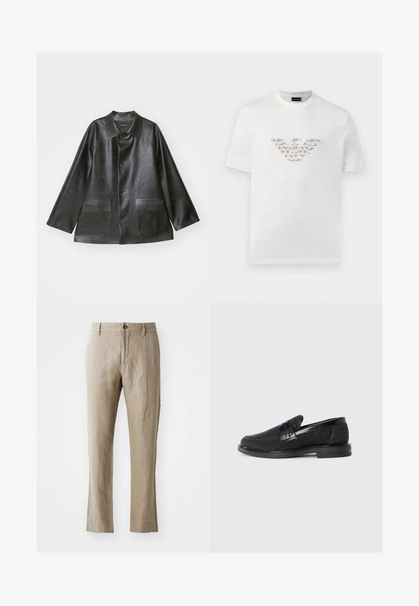 Emporio Armani CABAN - Faux leather jacket - lavagna; White cotton t-shirt with short sleeves and a crew neckline. Features a central logo design in pink and brown shades.; Beige linen trousers with a straight cut, featuring a front button closure and a smooth texture. No visible patterns or accents.; Black woven slip-on shoe with a smooth leather accent on the upper, a round toe design, and a low-profile rubber sole.