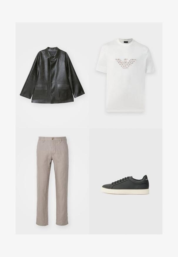 Emporio Armani CABAN - Veste en similicuir - lavagna; T-shirt blanc en coton à manches courtes et col rond. Présente un logo central dans des nuances de rose et de marron.; NN.07 THEO - Pantalon classique - camel; Baskets en cuir noir avec un profil bas, bout rond et fermeture lacée ; elles présentent une semelle en caoutchouc texturée et un détail de logo au niveau du talon.