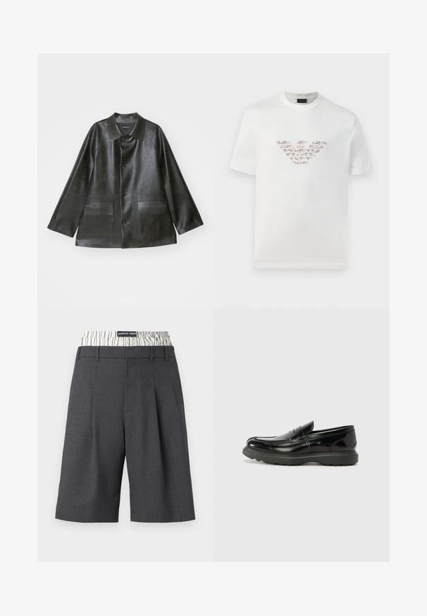 Emporio Armani CABAN - Mākslīgās ādas jaka - lavagna; Baltas kokvilnas T-krekls ar īsām piedurknēm un apaļu kakla izgriezumu. Iekļaujas centrāls logo dizains rozā un brūnos toņos.; Pelēkas piegriezuma bikses-bermuda ar krokām, ar kontrastējošu svītrainu jostasvietu. Izgatavotas no strukturēta auduma.; Melnas ādas loafers ar spīdīgu apdari, noapaļota pirksta forma, smalkas šuvju detaļas un bieza gumijas zole ilgstošai lietošanai.