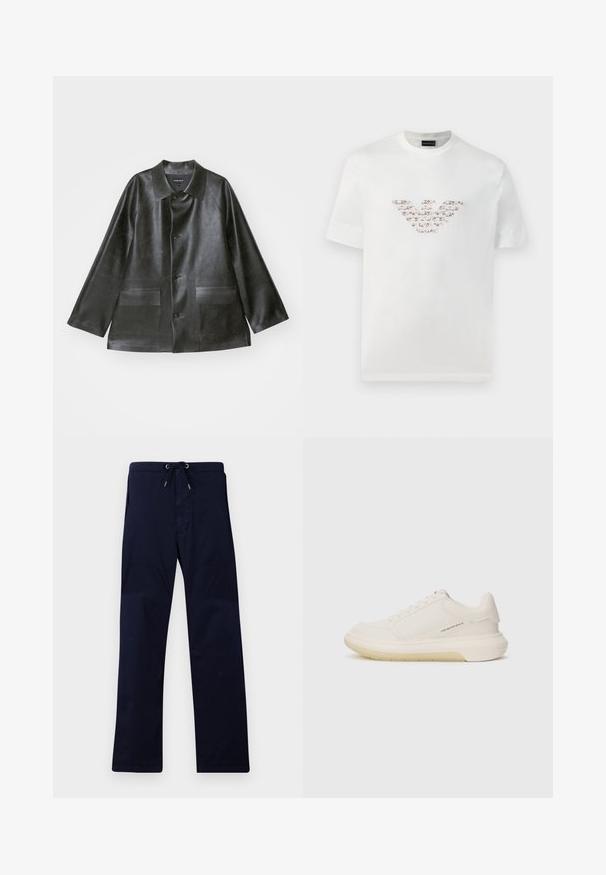 Emporio Armani CABAN - Kunstlederjacke - lavagna; Weißes Baumwoll-T-Shirt mit kurzen Ärmeln und rundem Halsausschnitt. Verfügt über ein zentrales Logo-Design in Rosa- und Brauntönen.; Navyblaue Hose mit einem Kordelzugbund, geradem Schnitt und glatter Textur. Mit Seitentaschen und verstärkten Nähten.; Weiße Sneaker mit schmalem Lederobermaterial, runder Zehenpartie und dickem Gummisohle. Besitzt minimale Nähte und ein dezentes Logo-Detail an der Seite.