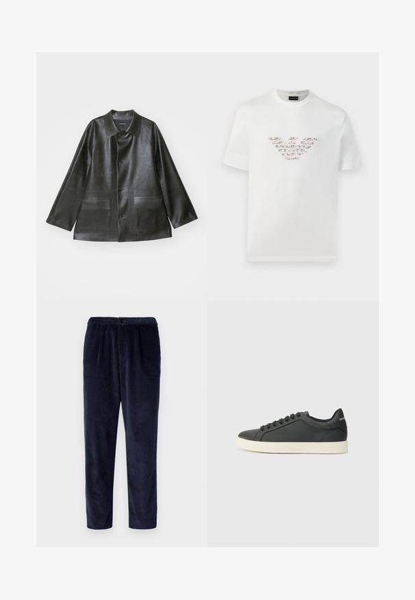 Emporio Armani CABAN - Kunstlederjacke - lavagna; Weißes Baumwoll-T-Shirt mit kurzen Ärmeln und rundem Halsausschnitt. Verfügt über ein zentrales Logo-Design in Rosa- und Brauntönen.; Navy Corduroyhosen mit entspannter Passform, ausgestattet mit einer weichen Textur, elastischem Bund und normalen Taschen. Einfaches, funktionales Design.; Schwarze Ledersneaker mit niedrigem Profil, abgerundeter Zehe und Schnürverschluss; ausgestattet mit einer strukturierten Gummisohle und Logo-Detail an der Ferse.