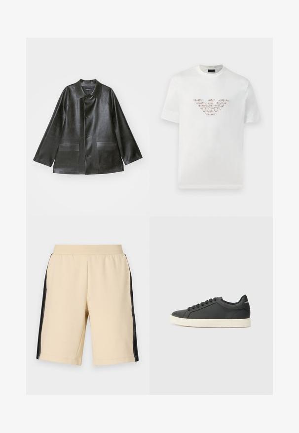 Emporio Armani CABAN - Chaqueta de cuero sintético - lavagna; Camiseta de algodón blanca de manga corta con cuello redondo. Presenta un diseño de logo central en tonos rosa y marrón.; Pantalones cortos beige hechos de una tela suave con paneles laterales de malla negra. Cintura elástica y piernas de corte recto. Textura suave y diseño minimalista.; Zapatilla negra de cuero con perfil bajo, punta redondeada y cierre de cordones; cuenta con una suela de goma texturizada y detalle del logo en el talón.