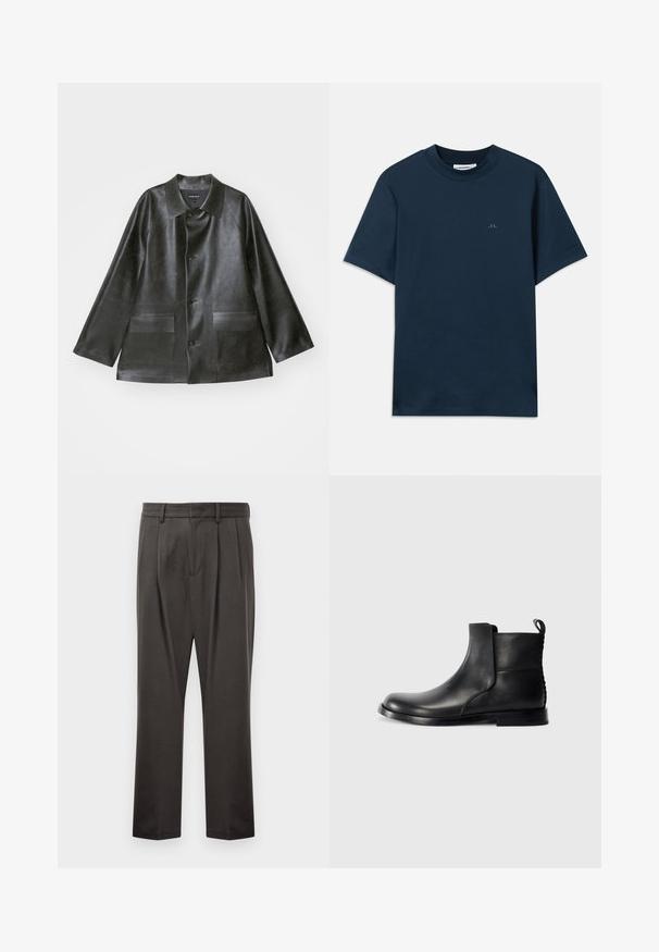 Emporio Armani CABAN - Veste en similicuir - lavagna; T-shirt en coton bleu marine avec un col rond, des manches courtes et un logo discret imprimé sur la poitrine. Texture lisse et coupe classique.; Pantalon gris foncé en tissu texturé, avec une taille plate, des plis, des jambes droites et des passants de ceinture. Pas de quincaillerie ni de motifs visibles.; Botte de cheville en cuir noir avec bout rond, panneaux latéraux élastiques et dos texturé. Elle dispose d'une semelle en caoutchouc plate et d'une languette de traction.