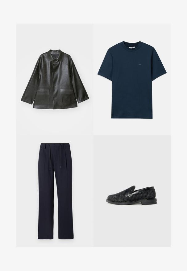 Emporio Armani CABAN - Bunda z nepravej kože - lavagna; Námornícka modrá bavlnená tričko s okrúhlym výstrihom, krátkymi rukávmi a jemným logom potlačeným na hrudi. Hladká textúra a klasický strih.; Námornícke modré nohavice so rovnými nohavicami, vyrobené z textúrovanej látky. Obsahujú predné zapínanie na gombík a nastaviteľný pás so sťahovacou šnúrkou.; Čierne tkané slip-on topánky s hladkým koženým akcentom na vrchnej časti, s okrúlym dizajnom špičky a nízkoprofilovou gumovou podrážkou.