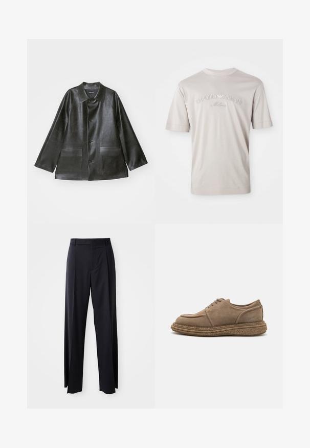 Emporio Armani CABAN - Kunstnahast jakk - lavagna; Heledbeez hõlmik-särgis, mis on valmistatud pehmest kangast, millel on tikkitud "Emporio Armani Milano" logo veidi tumedamas toonis.; Mustad, kõrge vöökohtaga püksid laia säärte lõikega, valmistatud siledast kangast. Omab ees plekke ja vöörihmade jaoks silmuseid. Minimalistlik disain, nähtavat riistvara pole.; Pruunist sametist päkkseotud jalanõud ümarate varvastega, tekstuurse korkподšaga ja kergelt tõstetud kontsaga. Lihtne õmblusaktsent külgedel.