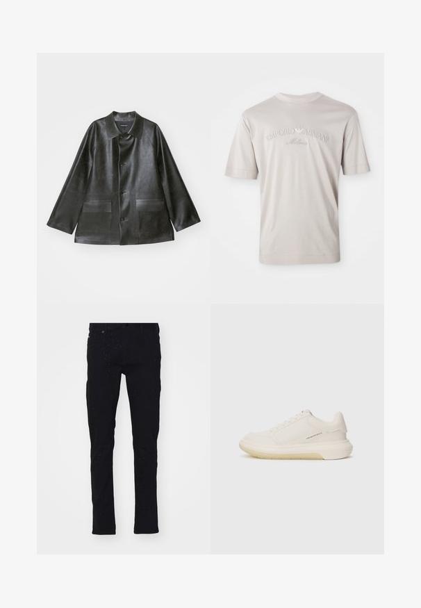 Emporio Armani CABAN - Μπουφάν από συνθετικό δέρμα - lavagna; Απαλή, ανοιχτού μπεζ κοντομάνικη μπλούζα φτιαγμένη από μαλακό ύφασμα, με κεντημένο λογότυπο "Emporio Armani Milano" σε ελαφρώς πιο σκούρο τόνο.; Μαύρα τζιν skinny παντελόνια με ελαφρώς ξεθωριασμένο σχέδιο. Διαθέτουν μεσαία μέση, πέντε τσέπες και διακριτές στίλβες λεπτομέρειες στα πόδια.; Λευκά αθλητικά παπούτσια με λείο δερμάτινο επάνω μέρος, στρογγυλή μύτη και χοντρή καουτσούκ σόλα. Διαθέτουν ελάχιστη ραφή και μια διακριτική λεπτομέρεια λογότυπου στο πλάι.