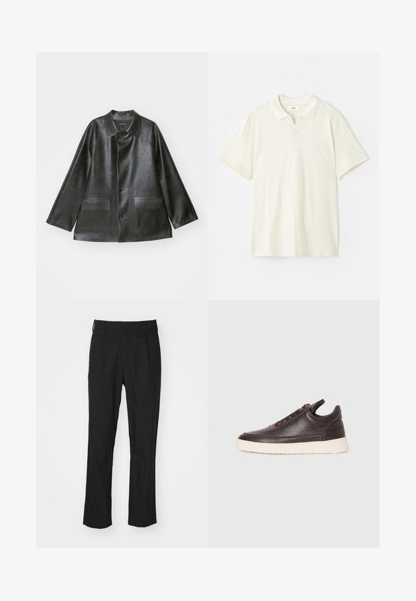 Emporio Armani CABAN - Veste en similicuir - lavagna; Polo crème avec un col classique, des manches courtes et un léger décolleté en V. Texture lisse et design minimaliste.; Pantalon noir en tissu lisse, présentant une coupe ajustée, des jambes droites et des pinces à l'avant. Comprend une fermeture à crochet et une fermeture éclair.; Baskets en cuir texturé brun foncé avec un dessus à lacets et une semelle en caoutchouc blanc striée sur un fond clair et uni.