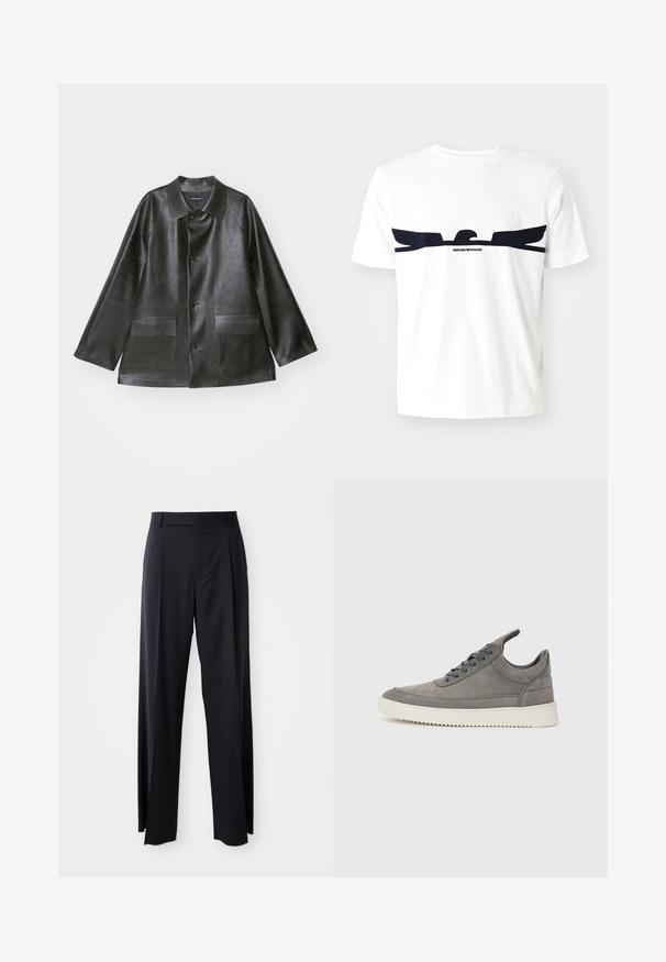 Emporio Armani CABAN - Faux leather jacket - lavagna; White cotton t-shirt featuring a navy blue eagle graphic and "EMPORIO ARMANI" text below the design. Short sleeves and a crew neck.; Black, high-waisted trousers with a wide-leg cut, made of smooth fabric. Features front pleats and belt loops. Minimalistic design, no visible hardware.; Gray suede sneaker with a textured finish, featuring a white rubber sole, round laces, and a low-top design.