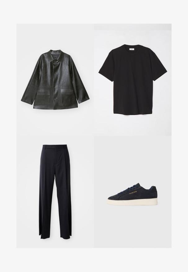 Emporio Armani CABAN - Kunstnahast jakk - lavagna; Must must t-särk, millel on ümmargune kaelus, lühikesed varrukad ja lõdva soe. Lihtne disain, sile tekstuur ja nähtamatud mustrid või logod.; Mustad, kõrge vöökohtaga püksid laia säärte lõikega, valmistatud siledast kangast. Omab ees plekke ja vöörihmade jaoks silmuseid. Minimalistlik disain, nähtavat riistvara pole.; Tumedat sinine seemisnahast madala profiiliga tennis, valge tossutald, tumesinised paelad ning küljes kuldne "Filling Pieces" logo.