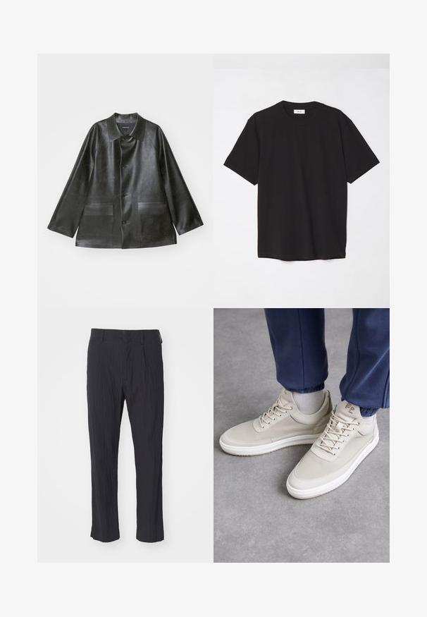 Emporio Armani CABAN - Kunstnahast jakk - lavagna; Must must t-särk, millel on ümmargune kaelus, lühikesed varrukad ja lõdva soe. Lihtne disain, sile tekstuur ja nähtamatud mustrid või logod.; Mustad plisseeritud püksid tekstureeritud kangast, sirge säärega disain ja tavaline vöökoht. Nähtavaid taskuid või metallosadeta.; Bežid spordijal, millel on tekstureeritud materjal, ümmargune varvas, paelad ja minimalistlik disain. Valge tald, millel on heleda pruuni detailid. Kanda navy siniste spordipükstega.