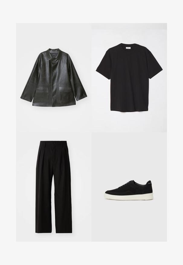 Emporio Armani CABAN - Imiteret læderjakke - lavagna; Sort bomulds T-shirt med rund hals, korte ærmer og en afslappet pasform. Enkel design, glat tekstur og ingen synlige mønstre eller logoer.; Sorte bukser med vid ben, der har en glat overflade, to frontplisseringer, knaplukning og sidelommer. Holdbart stof.; Sort ruskinds sneaker med snørebånd og kontrasterende hvid gummisål. Har teksturerede sidepaneler og diskret branding på hælen.