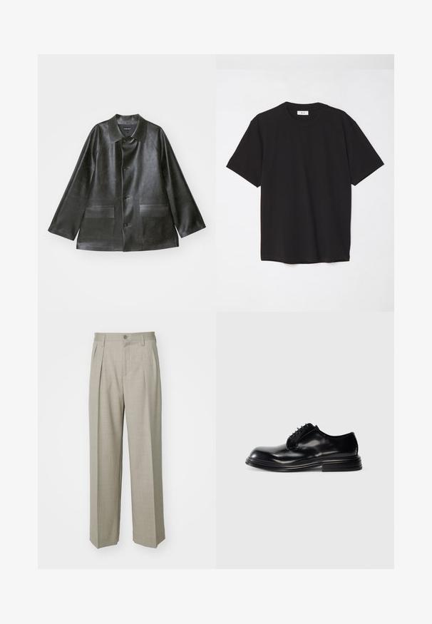 Emporio Armani CABAN - Μπουφάν από συνθετικό δέρμα - lavagna; Μαύρο βαμβακερό μπλουζάκι με στρογγυλή λαιμόκοψη, κοντά μανίκια και άνετη εφαρμογή. Απλός σχεδιασμός, λεία υφή και χωρίς ορατά σχέδια ή λογότυπα.; Filippa K WIDE TROUSERS - Παντελόνι - sage melange; Μαύρο δερμάτινο παπούτσι πακέτου με στρογγυλή μύτη, λείες επιφάνειες, σχέδιο με κορδόνια και σφιχτό τακούνι. Μινιμαλιστικό στιλ χωρίς ορατά λογότυπα.